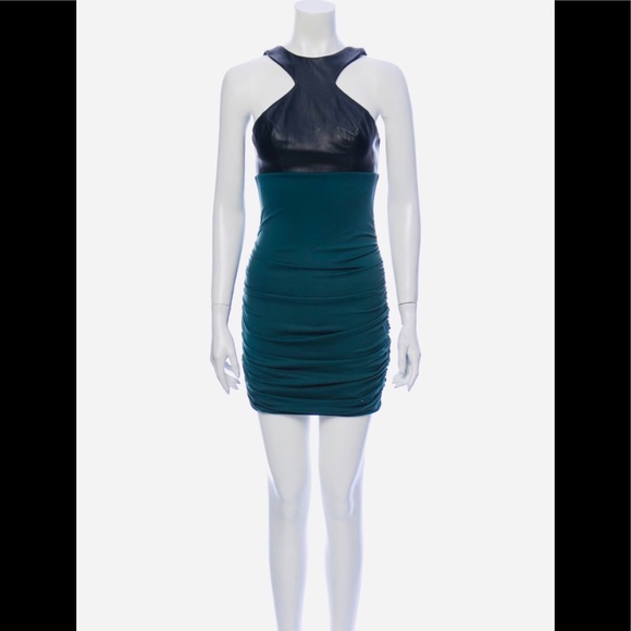 NWT LA PINA by DAVID HELWANI LINDSEY Mixed-Media Ruched Dress w Leather XS - Picture 1 of 10